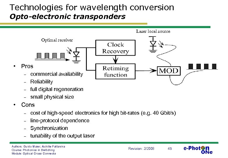 Technologies for wavelength conversion Opto-electronic transponders Laser local source Optimal receiver • Pros -