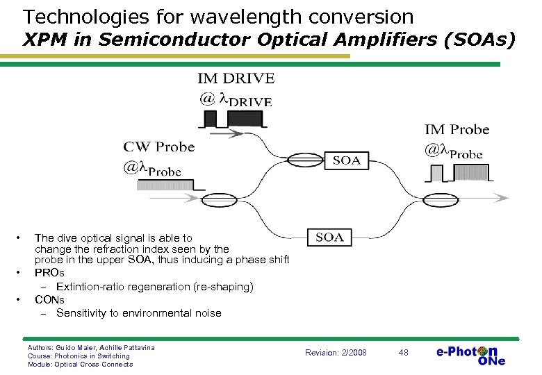 Technologies for wavelength conversion XPM in Semiconductor Optical Amplifiers (SOAs) • • • The