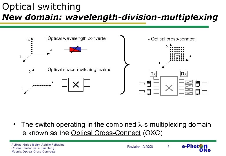 Optical switching New domain: wavelength-division-multiplexing - Optical wavelength converter - Optical cross-connect s s