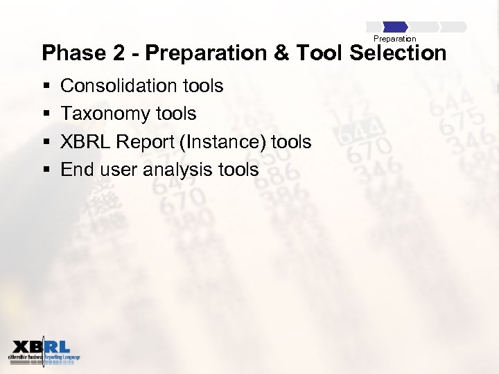 Preparation Phase 2 - Preparation & Tool Selection § § Consolidation tools Taxonomy tools