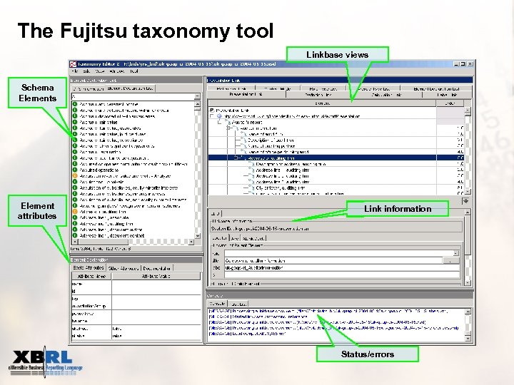 The Fujitsu taxonomy tool Linkbase views Schema Elements Element attributes Link information Status/errors 