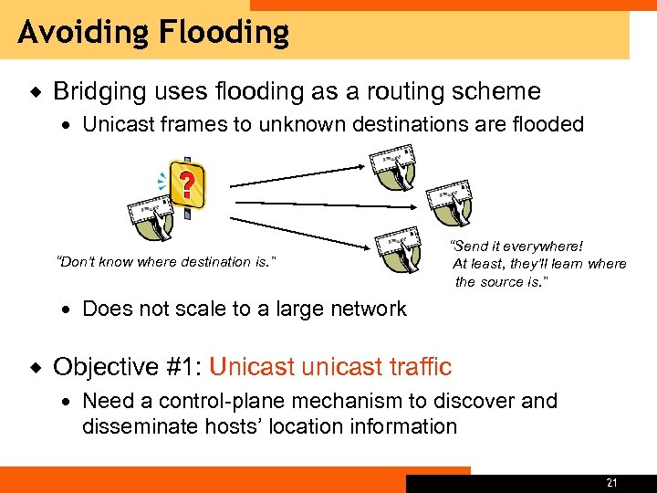 Avoiding Flooding ® Bridging uses flooding as a routing scheme Unicast frames to unknown