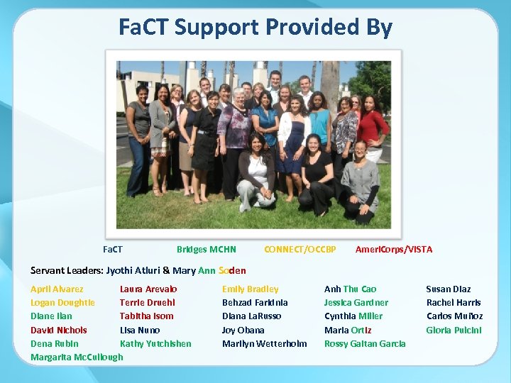 Fa. CT Support Provided By Fa. CT Bridges MCHN CONNECT/OCCBP Ameri. Corps/VISTA Servant Leaders: