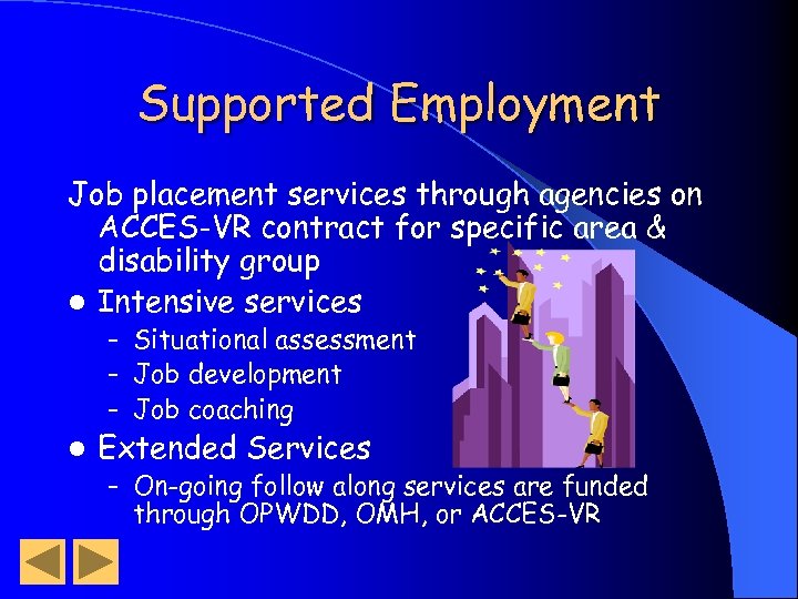 Supported Employment Job placement services through agencies on ACCES-VR contract for specific area &