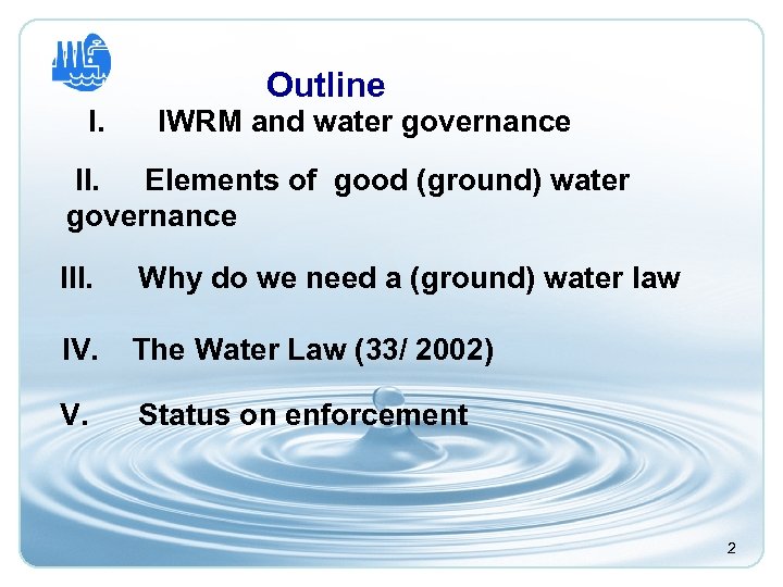 Outline I. IWRM and water governance II. Elements of good (ground) water governance III.