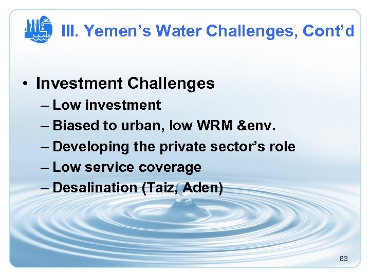 III. Yemen’s Water Challenges, Cont’d • Investment Challenges – Low investment – Biased to