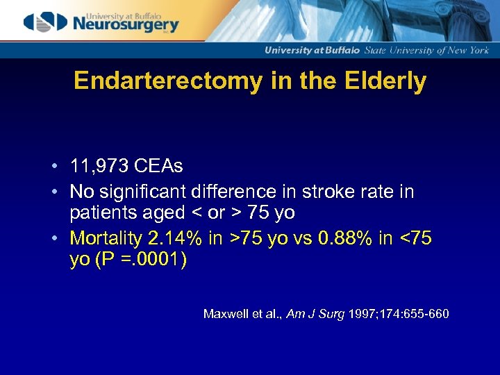 Endarterectomy in the Elderly • 11, 973 CEAs • No significant difference in stroke