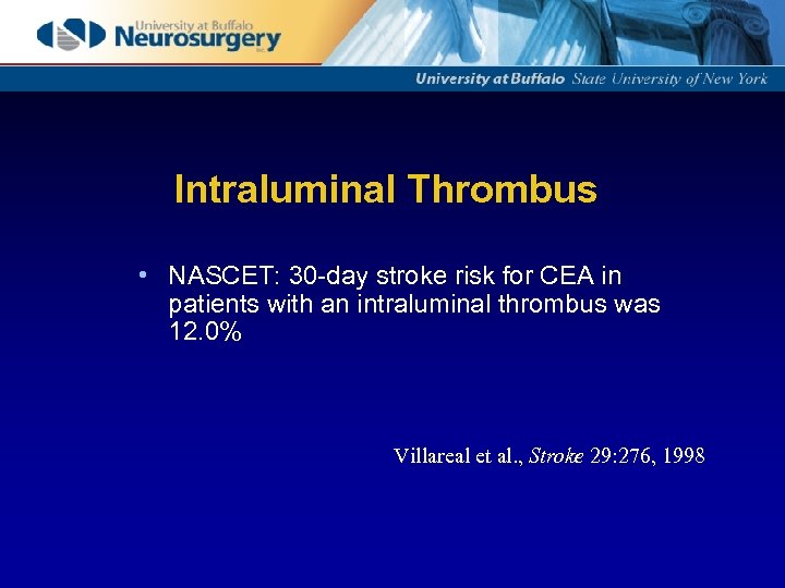 Intraluminal Thrombus • NASCET: 30 -day stroke risk for CEA in patients with an