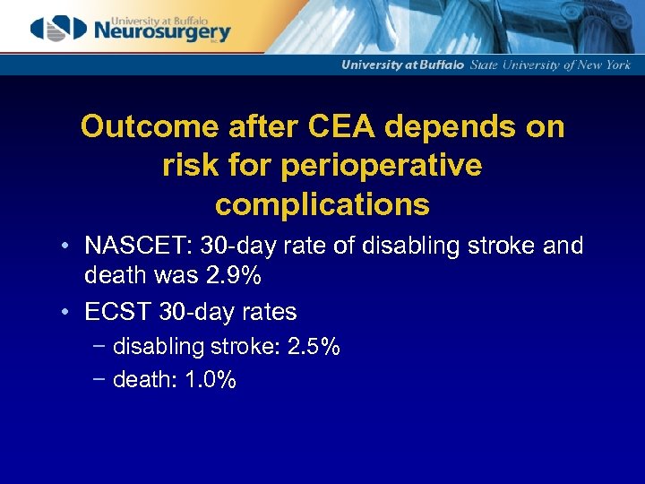 Outcome after CEA depends on risk for perioperative complications • NASCET: 30 -day rate
