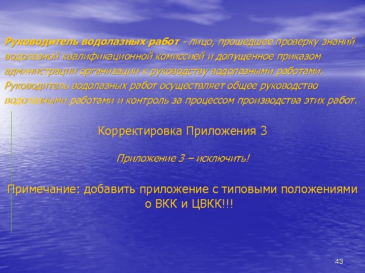 Руководитель водолазных работ - лицо, прошедшее проверку знаний водолазной квалификационной комиссией и допущенное приказом