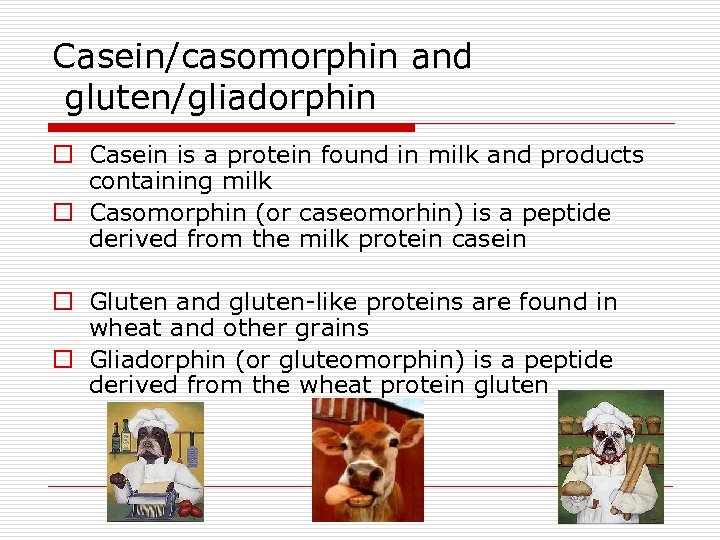 Casein/casomorphin and gluten/gliadorphin o Casein is a protein found in milk and products containing