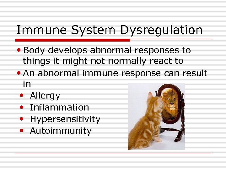 Immune System Dysregulation Body develops abnormal responses to things it might normally react to