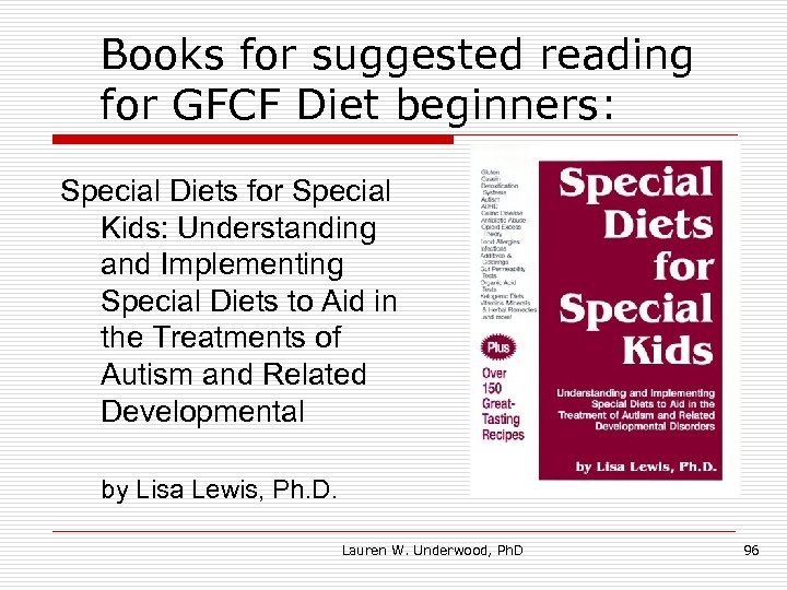 Books for suggested reading for GFCF Diet beginners: Special Diets for Special Kids: Understanding