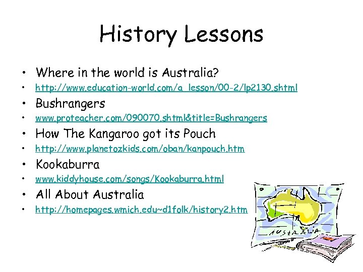 History Lessons • Where in the world is Australia? • http: //www. education-world. com/a_lesson/00