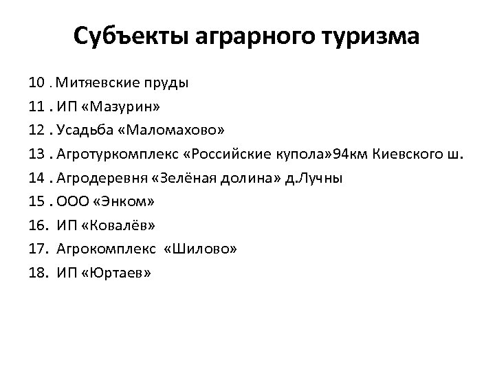 Субъекты аграрного туризма 10. Митяевские пруды 11. ИП «Мазурин» 12. Усадьба «Маломахово» 13. Агротуркомплекс