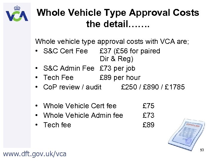 Whole Vehicle Type Approval Costs the detail……. Whole vehicle type approval costs with VCA