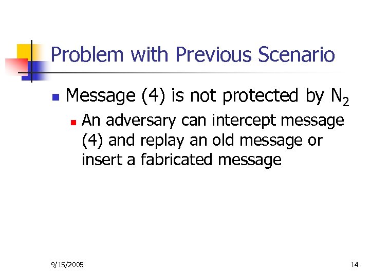 Problem with Previous Scenario n Message (4) is not protected by N 2 n