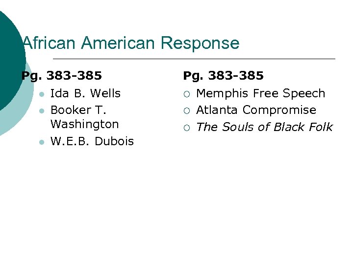 African American Response Pg. 383 -385 l l l Ida B. Wells Booker T.
