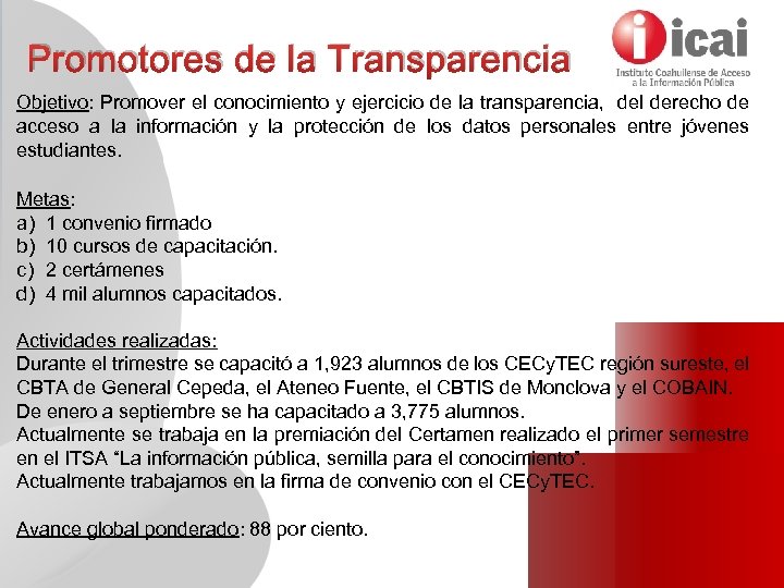 Promotores de la Transparencia Objetivo: Promover el conocimiento y ejercicio de la transparencia, del