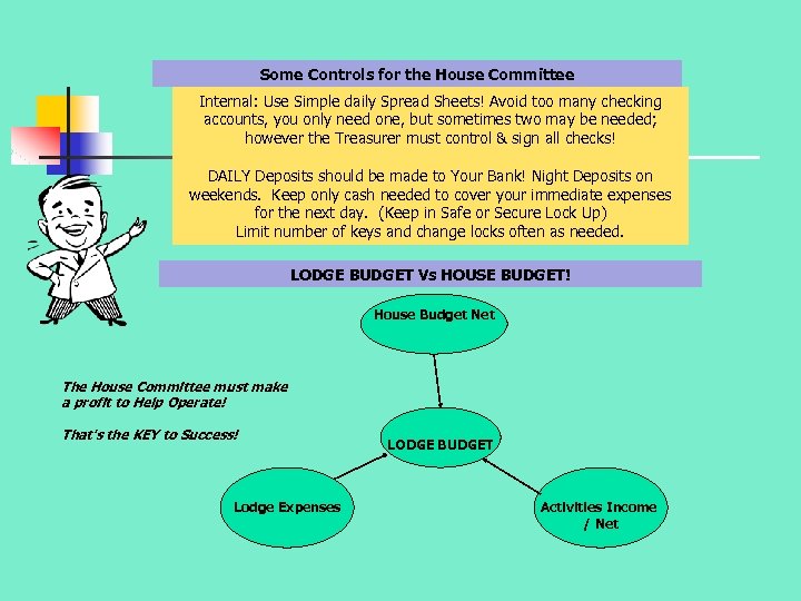 Some Controls for the House Committee Internal: Use Simple daily Spread Sheets! Avoid too