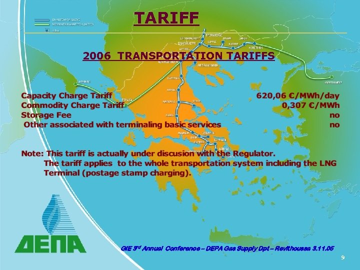 TARIFF 2006 TRANSPORTATION TARIFFS GIE 3 rd Annual Conference – DEPA Gas Supply Dpt