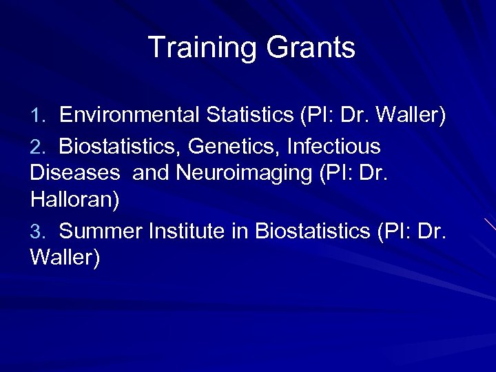 Training Grants 1. Environmental Statistics (PI: Dr. Waller) 2. Biostatistics, Genetics, Infectious Diseases and