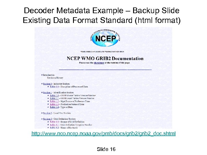 Decoder Metadata Example – Backup Slide Existing Data Format Standard (html format) http: //www.