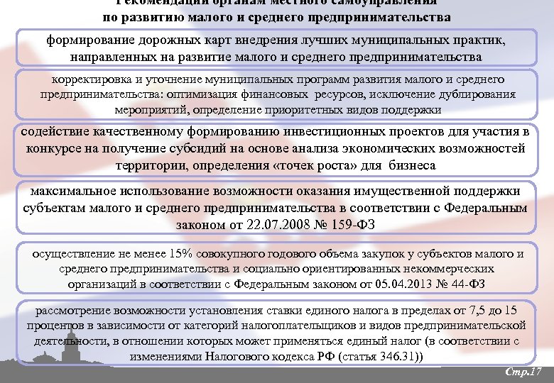Рекомендации органам местного самоуправления по развитию малого и среднего предпринимательства формирование дорожных карт внедрения
