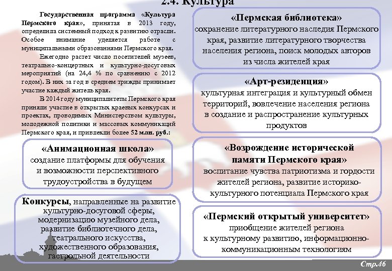 2. 4. Культура Государственная программа «Культура Пермского края» , принятая в 2013 году, определила