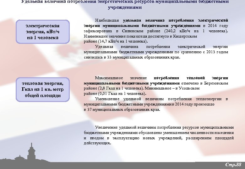 Удельная величина потребления энергетических ресурсов муниципальными бюджетными учреждениями электрическая энергия, к. Вт/ч на 1