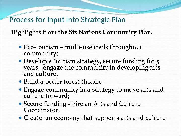 Process for Input into Strategic Plan Highlights from the Six Nations Community Plan: Eco-tourism
