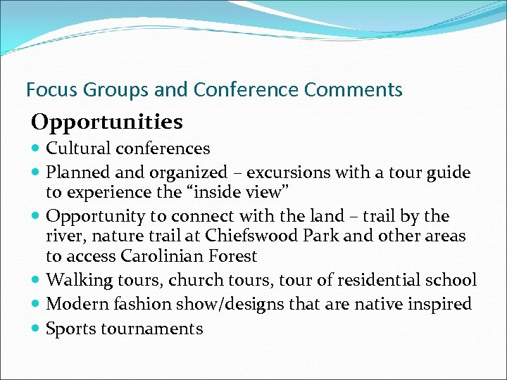 Focus Groups and Conference Comments Opportunities Cultural conferences Planned and organized – excursions with