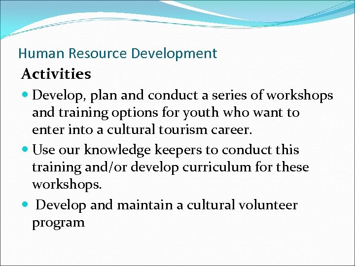 Human Resource Development Activities Develop, plan and conduct a series of workshops and training