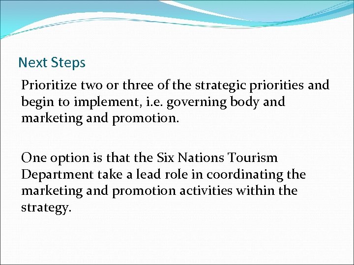 Next Steps Prioritize two or three of the strategic priorities and begin to implement,