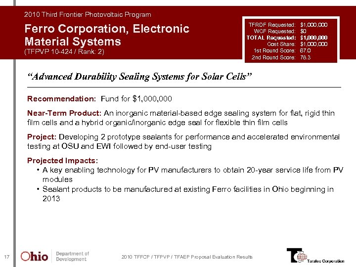 2010 Third Frontier Photovoltaic Program Ferro Corporation, Electronic Material Systems (TFPVP 10 -424 /