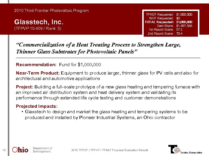 2010 Third Frontier Photovoltaic Program TFRDF Requested: WCF Requested: TOTAL Requested: Cost Share: 1
