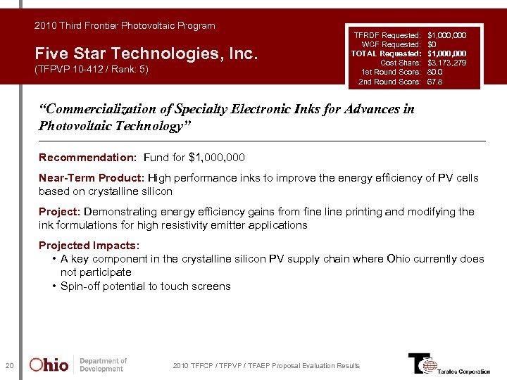 2010 Third Frontier Photovoltaic Program Five Star Technologies, Inc. (TFPVP 10 -412 / Rank: