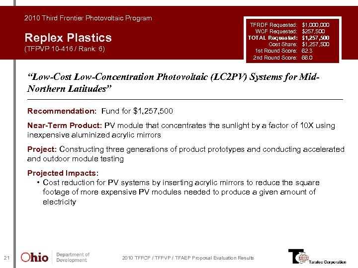 2010 Third Frontier Photovoltaic Program TFRDF Requested: WCF Requested: TOTAL Requested: Cost Share: 1