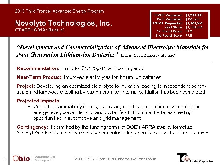 2010 Third Frontier Advanced Energy Program Novolyte Technologies, Inc. (TFAEP 10 -319 / Rank: