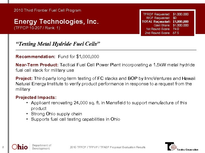 2010 Third Frontier Fuel Cell Program Energy Technologies, Inc. (TFFCP 10 -207 / Rank: