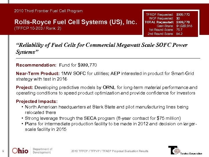 2010 Third Frontier Fuel Cell Program Rolls-Royce Fuel Cell Systems (US), Inc. (TFFCP 10