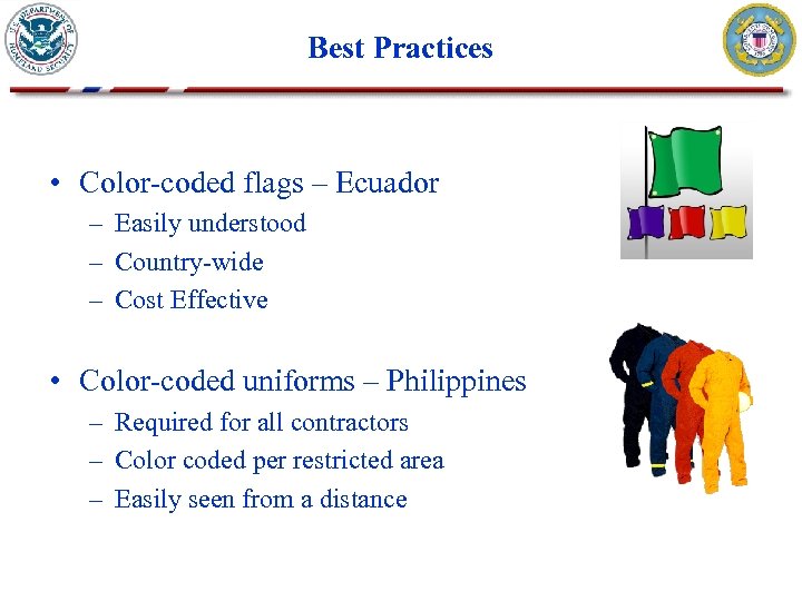 Best Practices • Color-coded flags – Ecuador – Easily understood – Country-wide – Cost