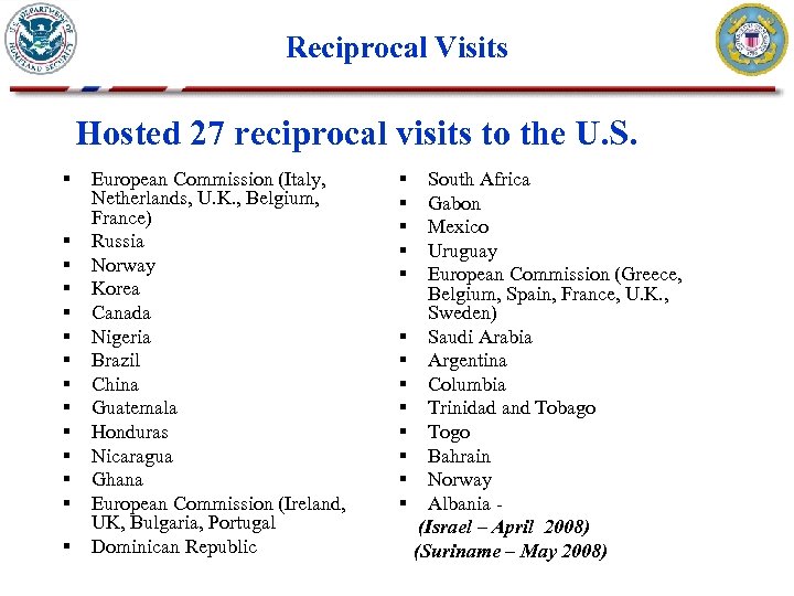 Reciprocal Visits Hosted 27 reciprocal visits to the U. S. § § § §
