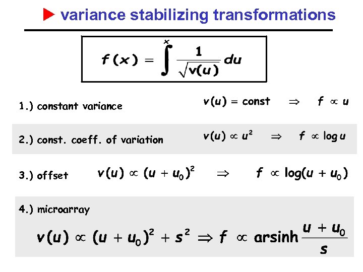  variance stabilizing transformations 1. ) constant variance 2. ) const. coeff. of variation