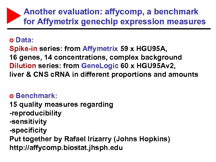  Another evaluation: affycomp, a benchmark for Affymetrix genechip expression measures o Data: Spike-in
