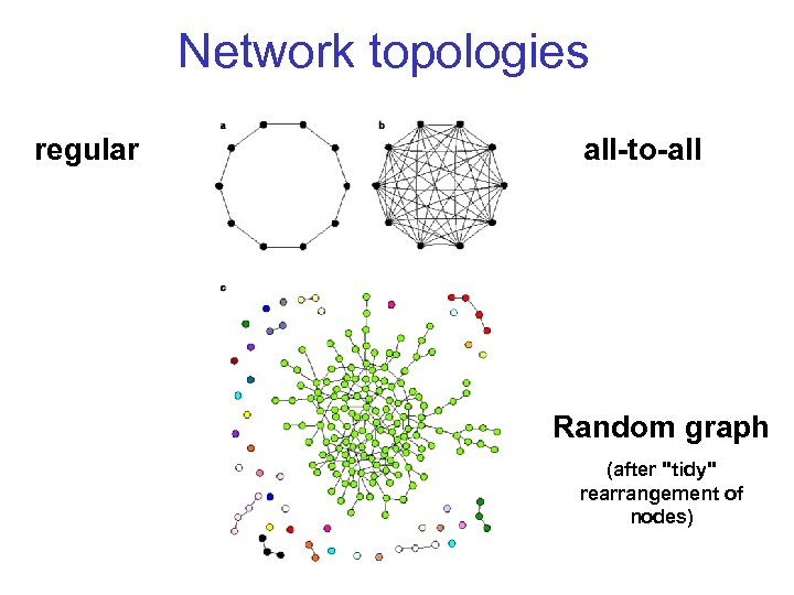 Network topologies regular all-to-all Random graph (after "tidy" rearrangement of nodes) 