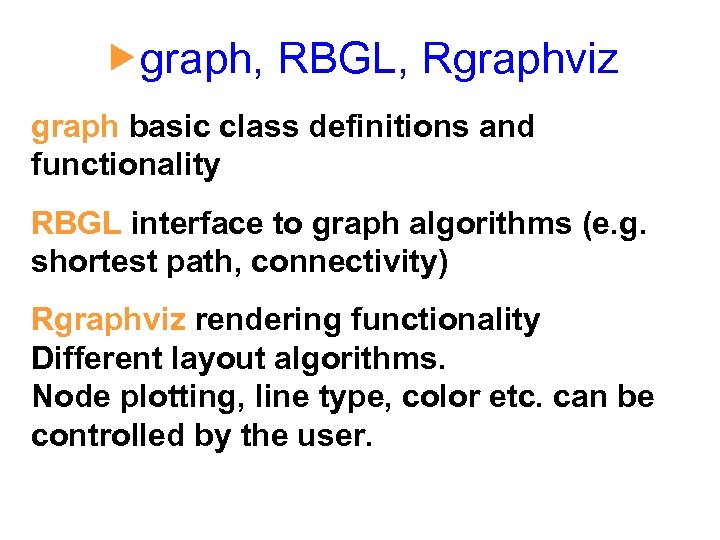  graph, RBGL, Rgraphviz graph basic class definitions and functionality RBGL interface to graph