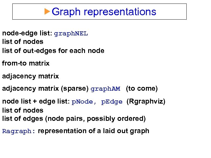  Graph representations node-edge list: graph. NEL list of nodes list of out-edges for