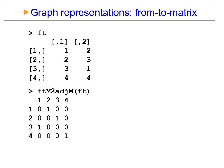  Graph representations: from-to-matrix > ft [1, ] [2, ] [3, ] [4, ]