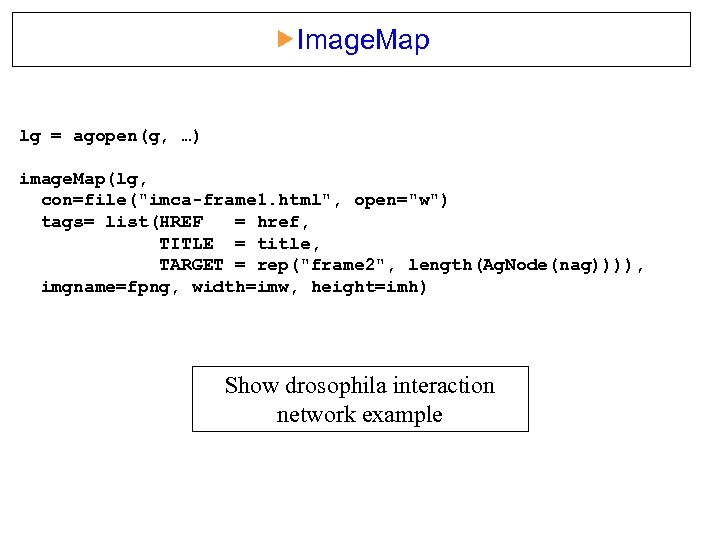  Image. Map lg = agopen(g, …) image. Map(lg, con=file("imca-frame 1. html", open="w") tags=